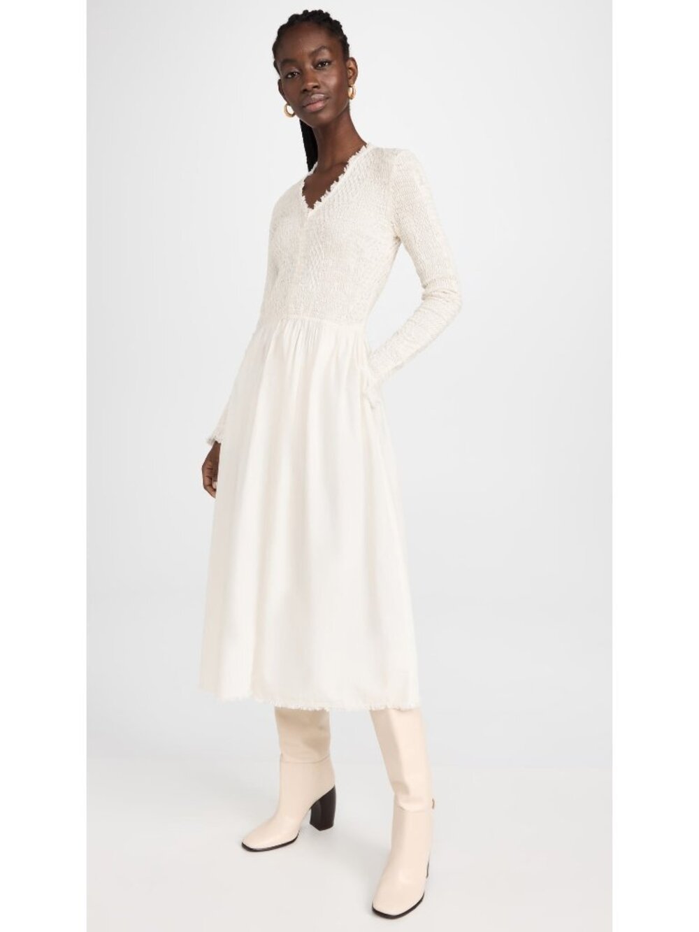 🆕SEA NEW YORK Casey Smocked Long Sleeve Midi Dress White 10 - Picture 7 of 16